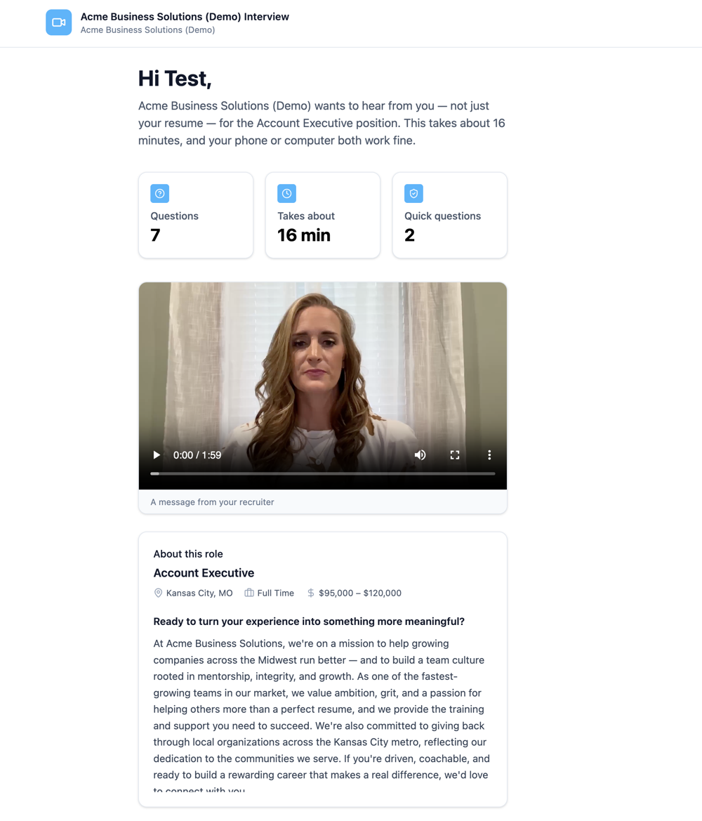 Interview welcome page with question count, time estimate, a video message from PX and the About this role section
