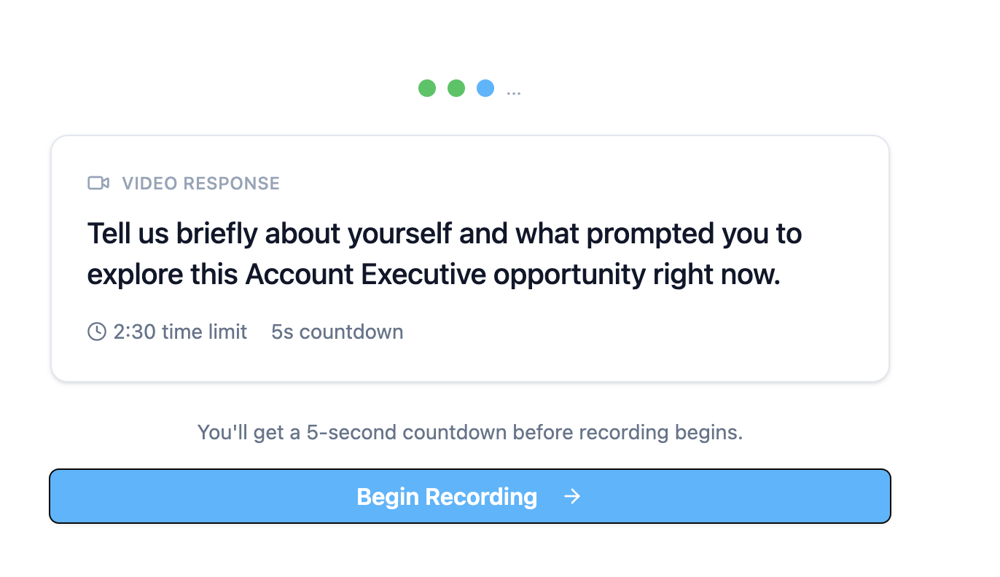 An interview question card showing a 2:30 time limit, a 5 second countdown and a Begin Recording button