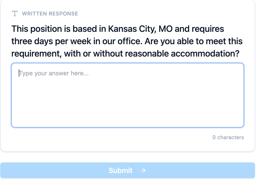 A written response question with a text box and a Submit button