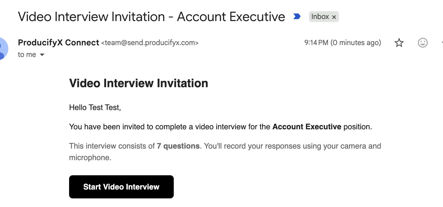 Video Interview Invitation email with a Start Video Interview button