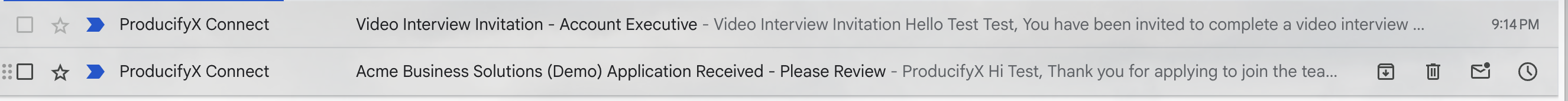 A candidate's inbox showing the Application Received and Video Interview Invitation emails from ProducifyX Connect
