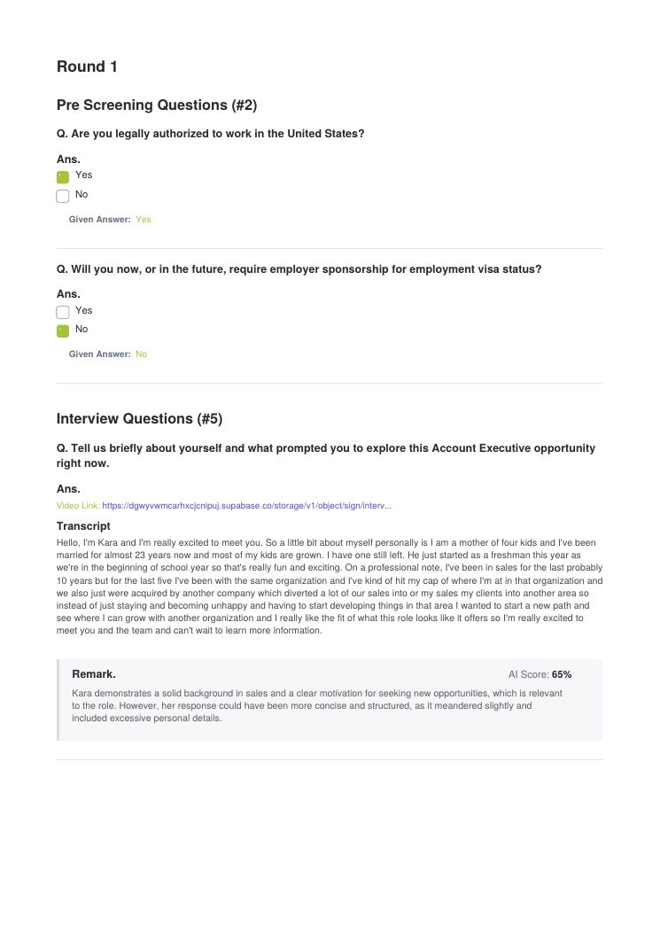Report page with screening answers and the first interview answer