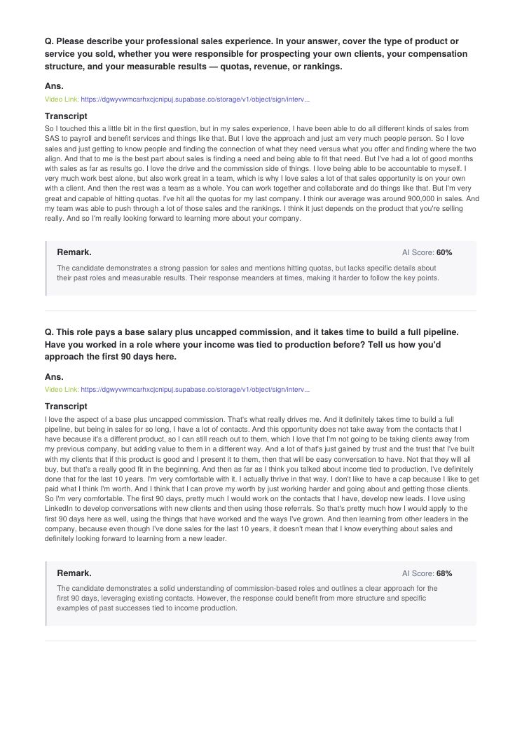 Report page with more interview answers and AI scores