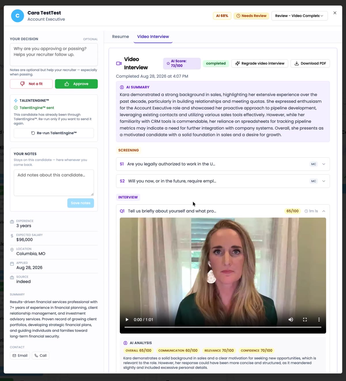 A candidate's full profile in the portal showing the AI summary, screening answers and a playing video interview answer