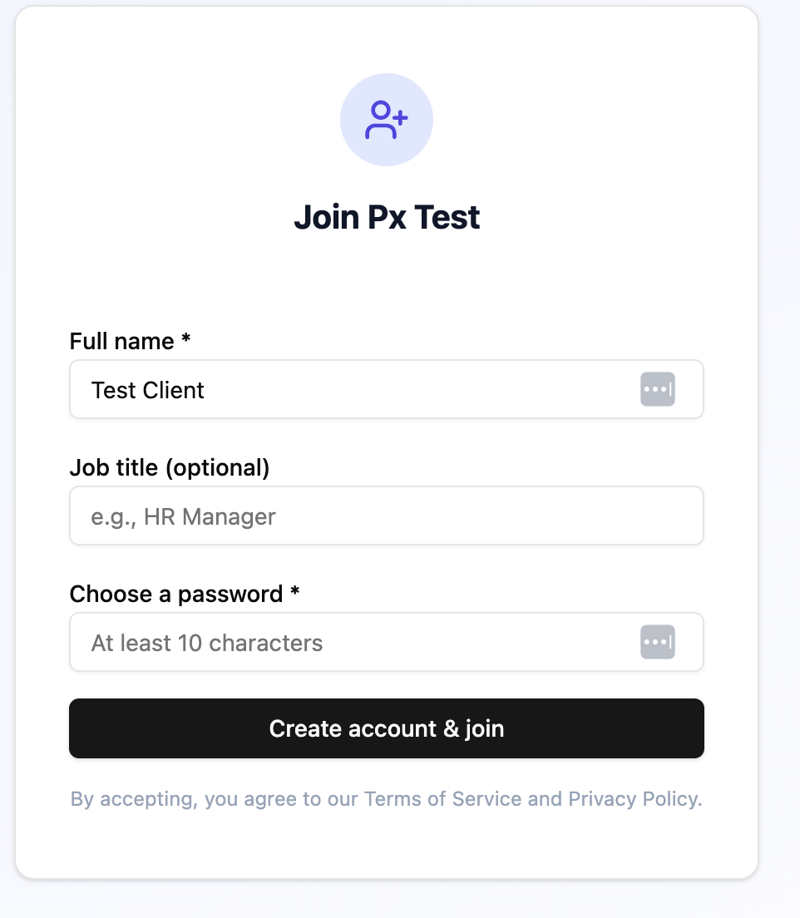 Create account form with full name, job title and password fields